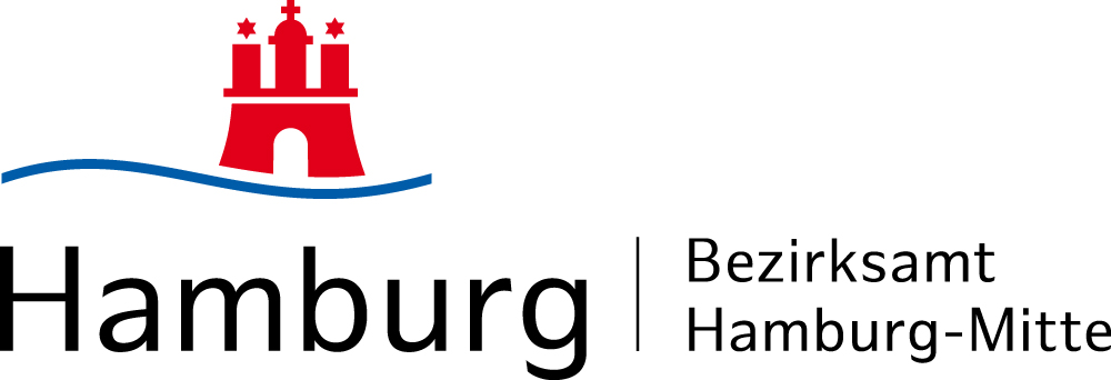 Logo der Stadt Hamburg mit rotem Stadtwappen, darunter der Schriftzug 'Hamburg | Bezirksamt Hamburg-Mitte'.
