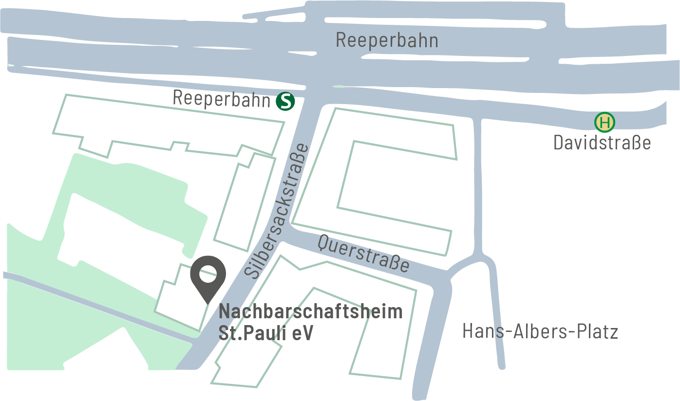 Kartenausschnitt vom Stadtteil St. Pauli in Hamburg mit Markierung des Nachbarschaftsheims St. Pauli e.V.; zentrale Straßen sind Reeperbahn, Silbersackstraße, Querstraße, Davidstraße und Hans-Albers-Platz; markierte Haltestellen: S-Bahn Reeperbahn (S) und Bushaltestelle Davidstraße (H); Standort des Nachbarschaftsheims ist mit einem schwarzen Pin gekennzeichnet.